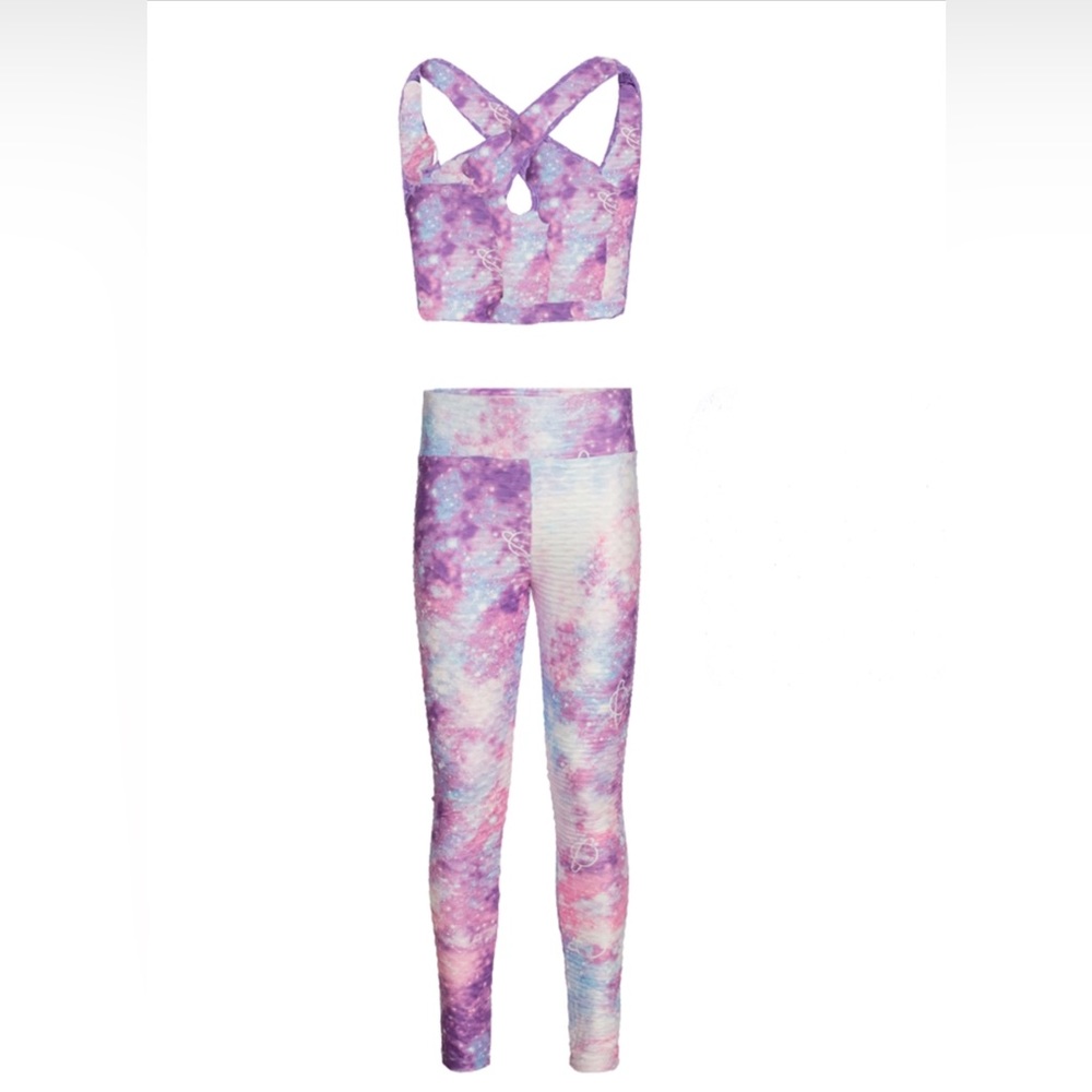 TIE-DYE STRAPPY CUT OUT HONEYCOMB CROP TANK AND RUCHED LEGGINGS SET